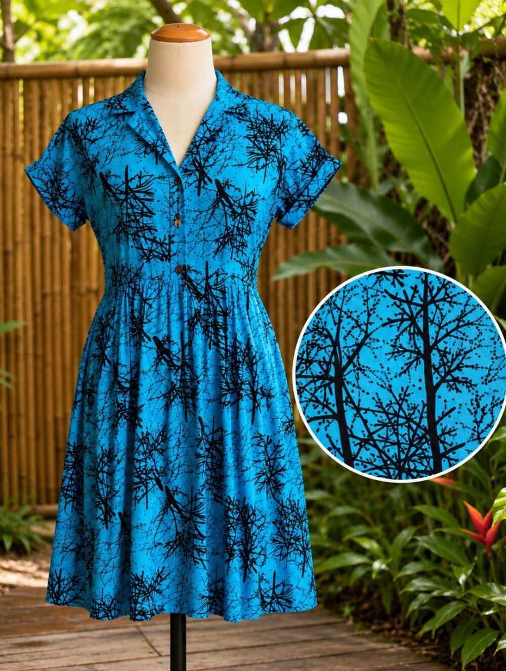 Teal Autumn - Winter Tree Print Rayon & Coconut Button Blue Aloha Dress L Resort